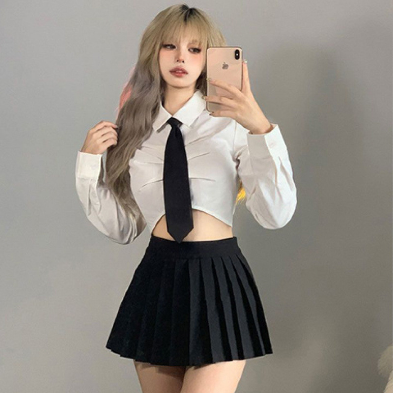 Spring and Autumn New Style Pure Desire Sweet Long Sleeve White Shirt Women's College Style Slim Fit Short Shirt Crop Top