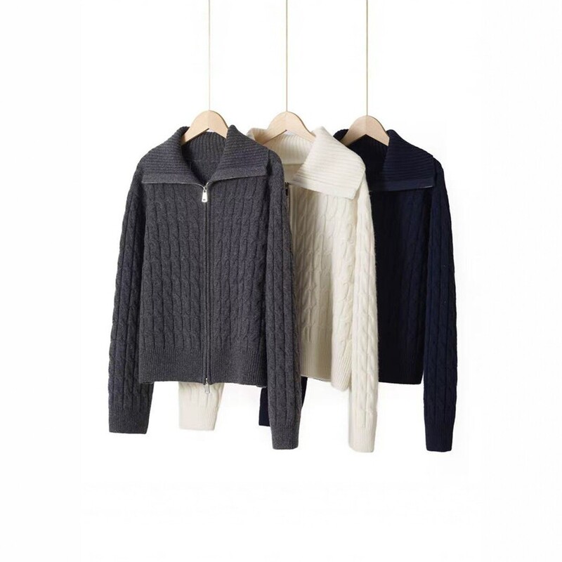 Heavy-duty cable-knit 100% wool women's cardigan, high-neck, long-sleeved, loose-fitting, casual, versatile, thickened for autumn and winter