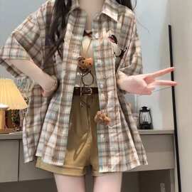 美式趣味小狗毛巾绣格子短袖衬衫女夏季新款宽松衬衣独特别致上衣
