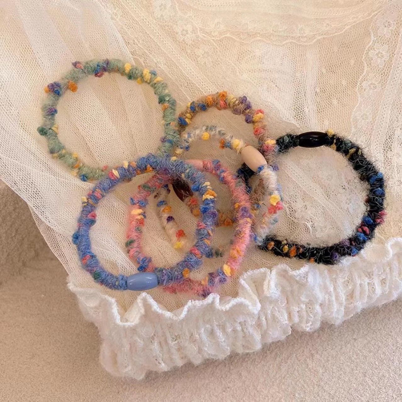 Candy color colorido punteado de lana banda de pelo cuerda de pelo chica corazón felpa accesorios para el cabello lazo de pelo banda de goma cuerda de pelo al por mayor