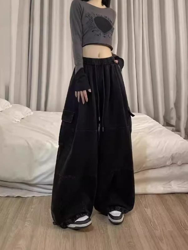 アメリカのレトロなピンクの服装のズボンの女性の春秋のまっすぐな筒のゆったりしている広脚の高い腰はやせているカジュアルなズボンのデニムのズボンの潮を現します。|undefined