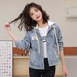 拼接牛仔外套潮ins女2025春秋新款韩版宽松短款贴布连帽上衣其它
