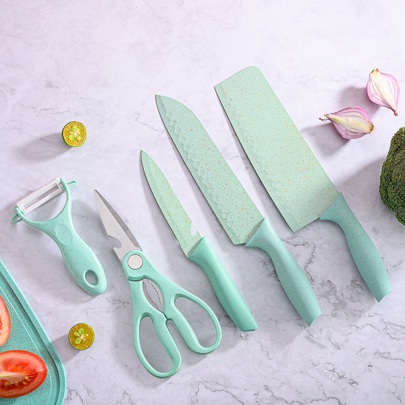 Fábrica en stock promoción transfronteriza Polo de trigo color de siete piezas cuchillo de cocina antiadherente cuchillo de cocina hogar cuchillo de cocina traje