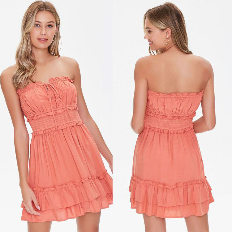 elastic-waist ruffled tube top lace-up backless solid color dress NSFH130394