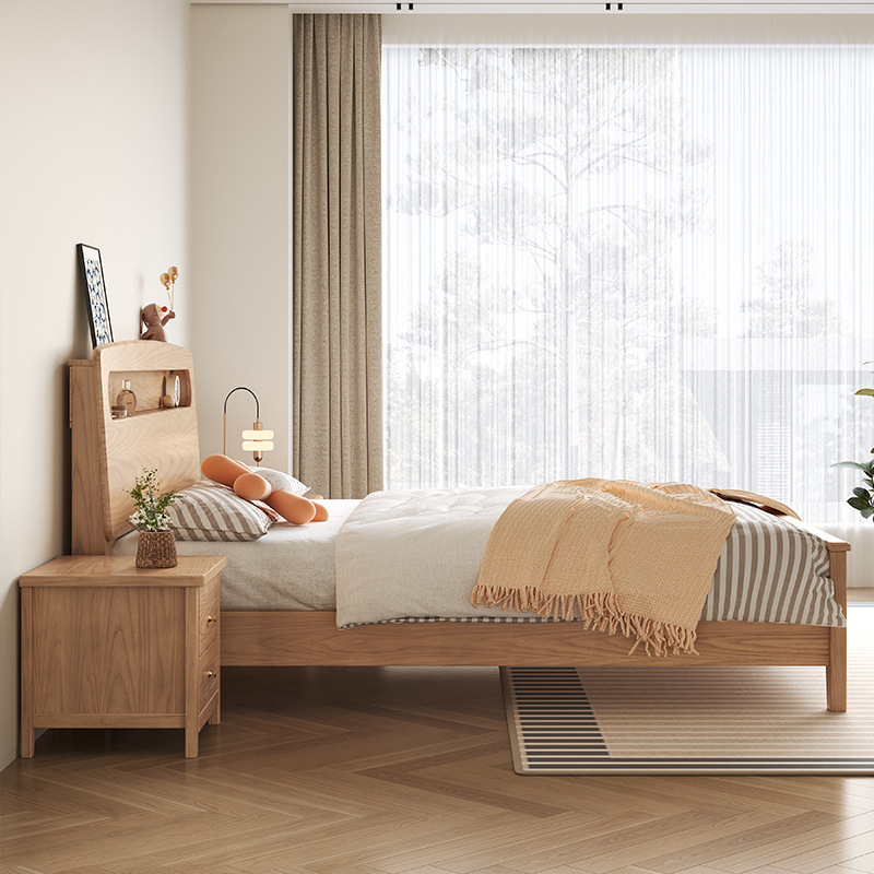 全實木床現代簡約1.5米1.8米雙人床北歐主臥室可置物白蠟木原木床