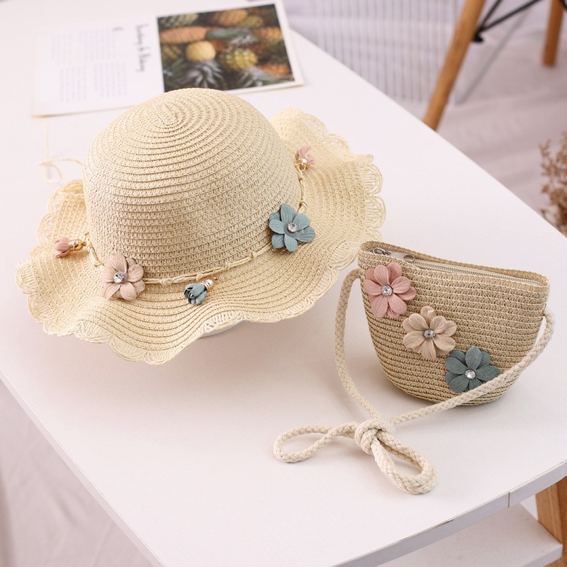 Flower diamond wavy edge straw hat-beige