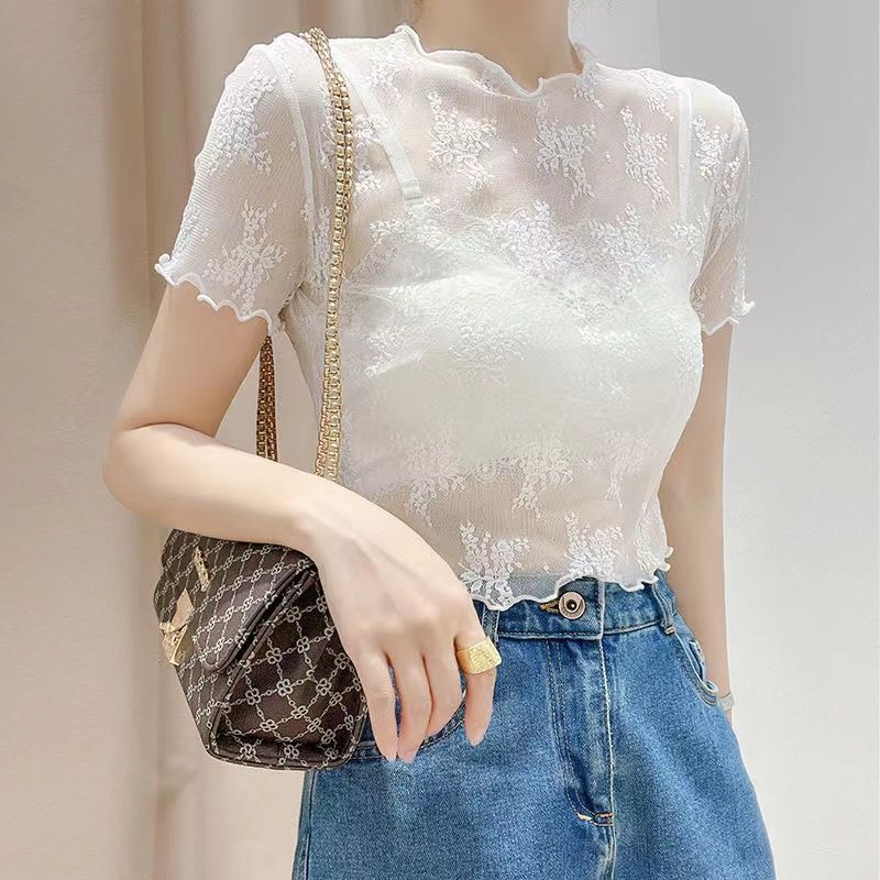 2026 New Style Ruffled Round Neck Lace Base Shirt for Women, Short Sleeve Transparent Thin Mesh Top, Elegant