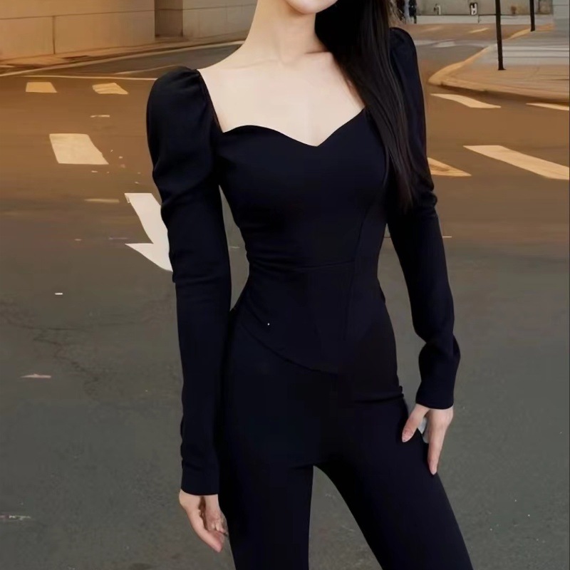 2024 principios de otoño moda chica caliente hueso de pescado sexy corto delgado clavícula descubierta temperamento francés camiseta de manga larga