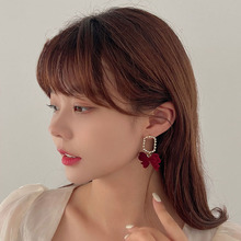 絲絨紅色蝴蝶結耳釘韓國小眾設計感結婚耳環2021年新款潮訂婚女款