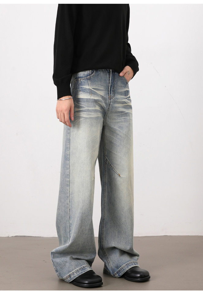 Quần jeans nam dáng rộng ống đứng phong cách high street, lưng vừa, dài ống, dễ phối đồ — Xanh nhạt chi tiết 13
