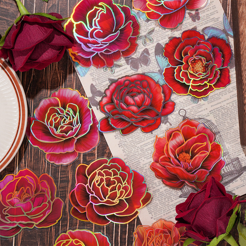 Camelia flor abierta Diario PVC etiqueta impermeable bolsa de papel retro tridimensional dorado pegatinas de flores lindo Diario Goo tarjeta pegatinas