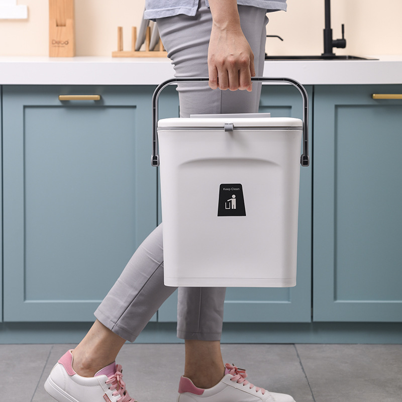Kitchen Trash Bin Cabinet Door Hanging Garbage Storage Bucket Sliding Cover Sealed Portable Cleaning Bucket Household Wall Hanging Sanitary Bucket