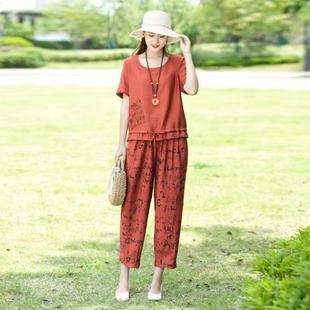 Mother's Summer Casual Cotton and Linen suit 2025 New Western-style Printed Letter Short-sleeved Top Loose Two-piece Set