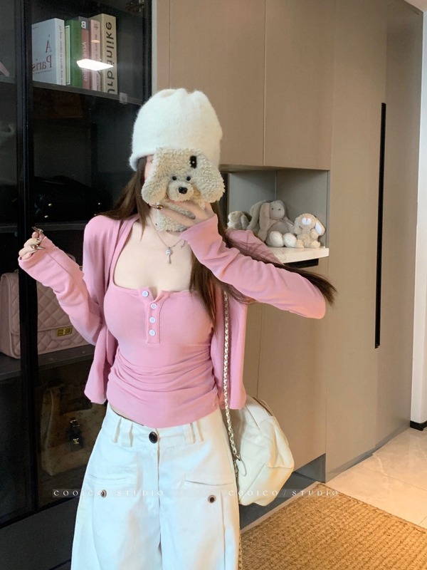小个子辣妹时尚套装女秋季2025新款挂脖吊带背心长袖开衫两件套潮|undefined