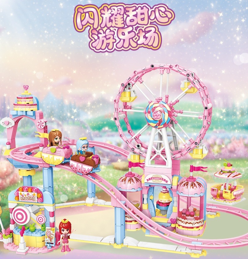 Iluminación niña dulce brillante parque de recreo carruaje princesa montaña rusa rueda de granos pequeños regalos de cumpleaños