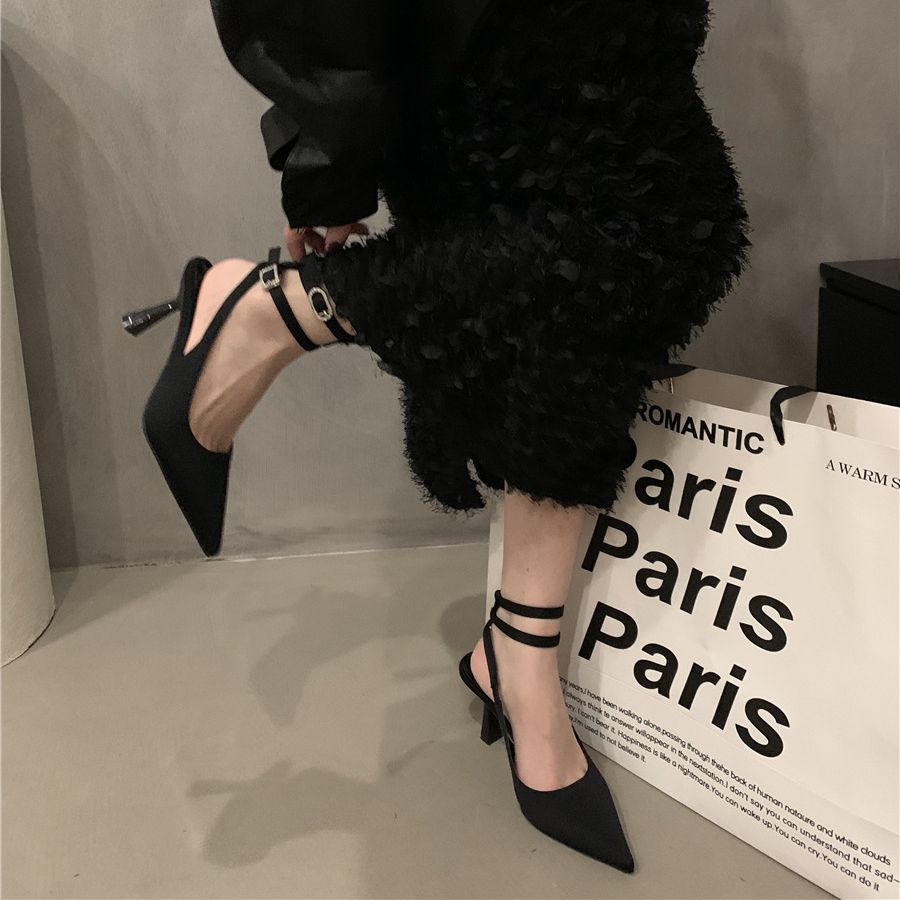 French pointed high heels, evening style, sandals and slippers with skirt, black sandals, 2023 winter and spring British women's shoes_autovado.com