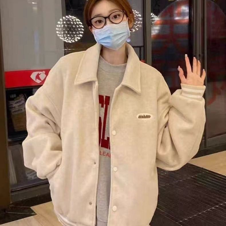 2025年秋冬季加绒棒球服外套女慵懒风小个子学生字母刺绣宽松夹克|undefined