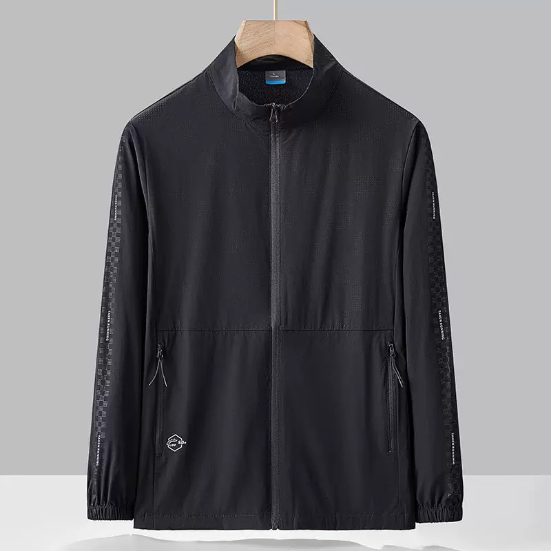 跨境品牌镂空透气冰丝立领防晒衣男款中年无帽开衫外衣爸爸防晒服