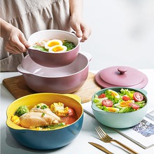 北欧简约双耳汤碗家用纯色陶瓷碗沙拉点心创意面碗网红餐具批发