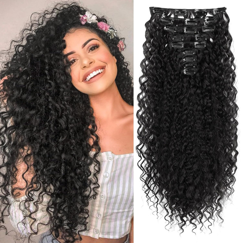 Black Wig Curling Clip Wig Full Head Heat Resistant Fiber Synthetic Natural Hair Extending African Roll 9 Piece Set