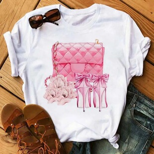 Maycaur Pink High Heels Flowers Bag Print T Shirt Women Tren