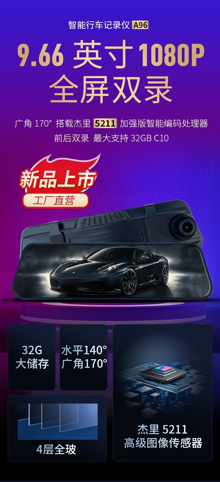9.66inch Streaming Media Rearview Mirror Driving Recorder 1080P Hd Night Vision Dual Lens Reversing Image Wholesale