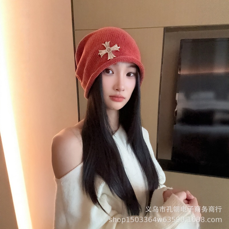 韩版ins风卷边十字架堆堆帽女秋冬保暖防风显脸小针织帽百搭冷帽|undefined