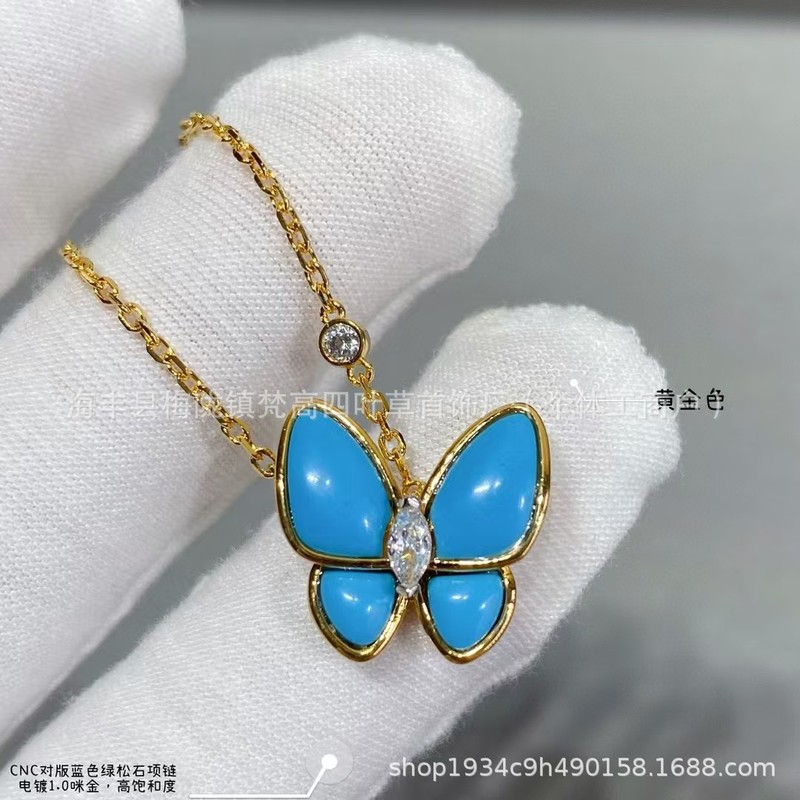 梵家V金高版本CNC精雕扣蝴蝶白贝母项链爆款轻奢时尚满钻蝴蝶项链|undefined