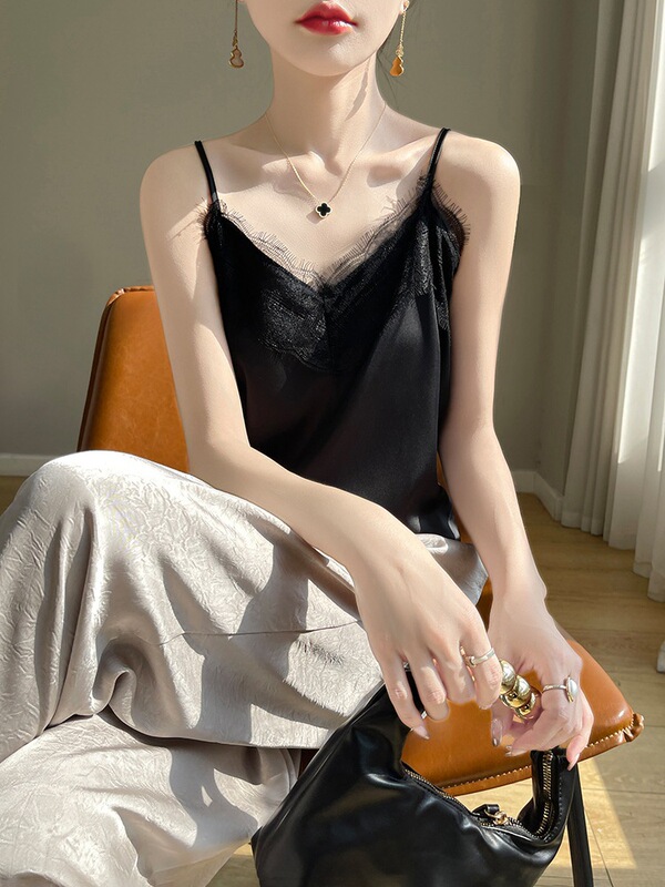 Eyelash Lace Camisole for Women, Summer Versatile Silk Satin Vest, Inner Wear for Suits, Beautiful Back Design, Base Layer Top