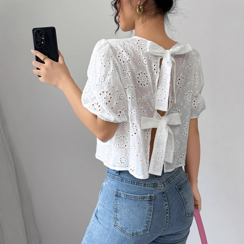 in stock 2025 Spring and Summer New Cross-border Foreign Trade Women's Solid Color Hollow-out Lace-up Short-sleeved Simple Casual Shirt