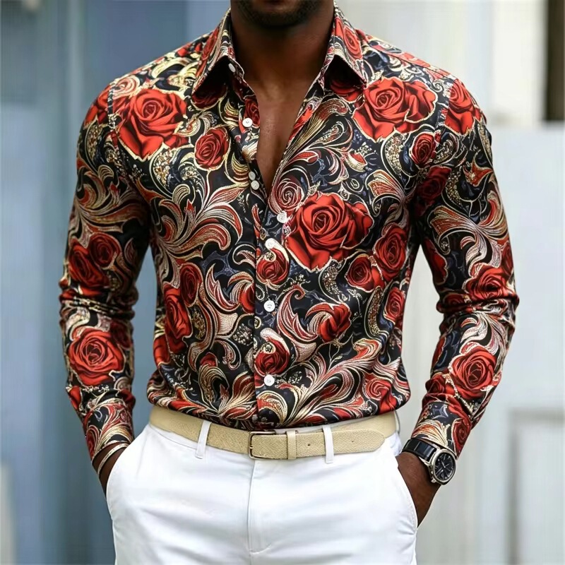Cross-Border Amazon Independent Site Men's Shirt with Rose Digital Print, Black and Gold Base, Vintage Slim-Fit Long-Sleeve Shirt