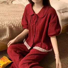 2025春夏款ins韩版秋季软棉纱小清新娃娃领花边宽松甜美家居服