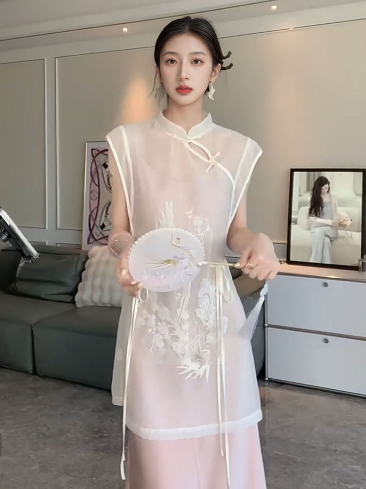 Áo sơ mi lụa tơ tằm thêu đính cườm phong cách tân cổ điển Trung Quốc M4023 — Màu trắng