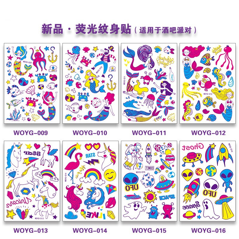 Hot Sale Cartoon Unicorn Mermaid Fluorescent Tattoo Sticker Marine Animal Luminous Flower Arm Tattoo Sticker