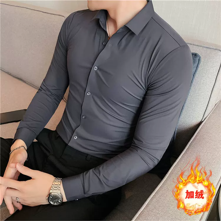 加绒加厚秋冬季长袖衬衫男商务休闲正装高档次工服压胶衬衣男士