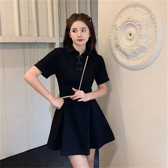 Elegant Retro Dress Women's Polo Collar Summer Skirt Modified Lotus Leaf Skirt Short Skirt Large Size Slimming New Chinese Style Skirt