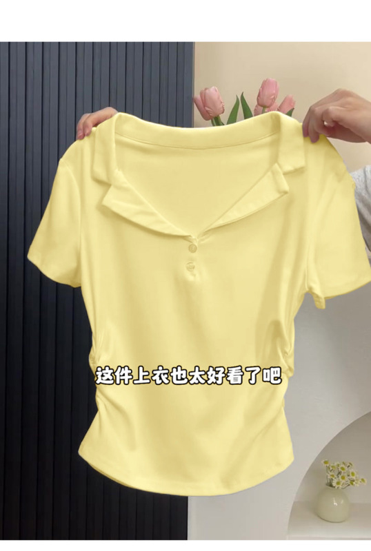 乳白色のポロシャツ半袖新作トップス レディース Vネック スリムフィット ウエストシェイプ 半袖 襟付き フォーマルショルダーTシャツ ショート丈|undefined