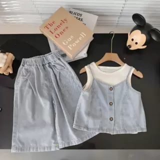 女童套装夏款2025新款洋气宝宝吊带背心七分裤儿童牛仔三件套夏装