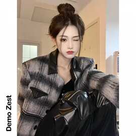 西装两穿可拆卸拼皮格子毛呢外套女秋冬季感宽松百搭夹克大衣