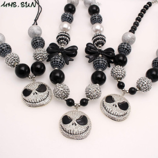 New Halloween Children's Necklace Diamond Skull Pendant Black and White Large Beads Beaded Halloween Necklace