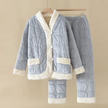 珊瑚绒三层夹棉蓝色睡衣2024新款女士冬季可外穿法兰绒套装家居服