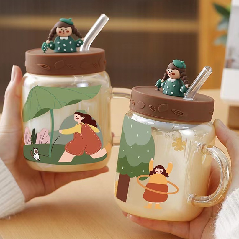 Creativo lindo niña muñeca vidrio con tapa de paja taza de agua de alto aspecto de jugo de leche taza del hogar