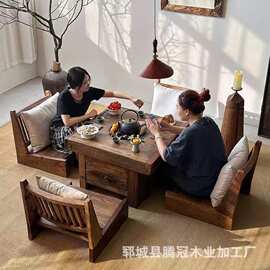 实木煮茶桌老榆木复古户外烧烤桌庭院围炉煮茶桌火锅桌冬日烤火桌