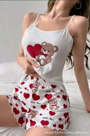 Nuevo estilo transfronterizo venta caliente SHEIN servicio a domicilio estampado de dibujos animados tirantes pantalones cortos pijamas de mujer traje precio bajo al por mayor