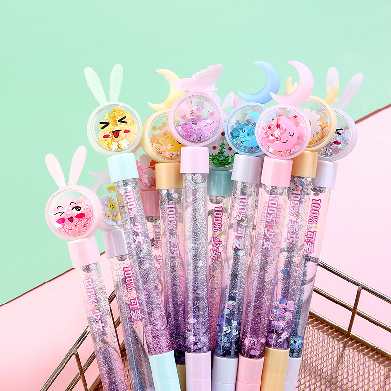 ins风七彩亮片仙女入油流沙笔 可爱学生中性笔创意文具办公签字笔