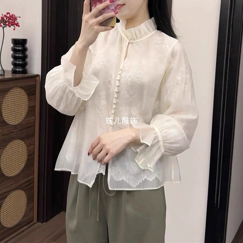Versatile Tencel New Stand Collar Lace Long Sleeve Shirt Fashionable ➕ New Chinese Style Shirt, Autumn Product, Practical for All Seasons
