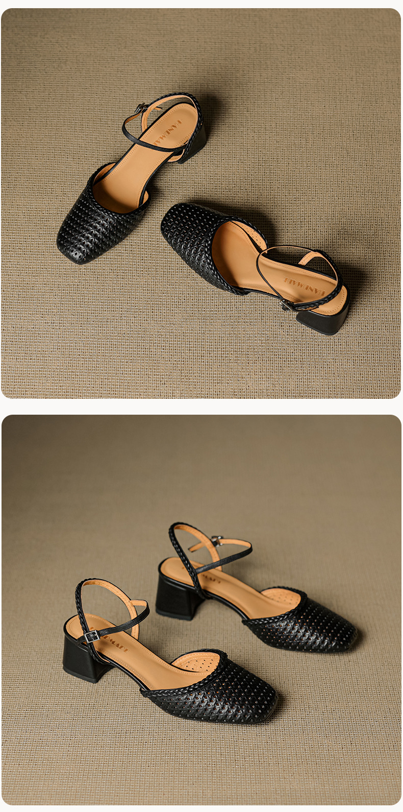 Giày sandal cao gót nữ quai ngang mũi tròn da bò, gót 5 cm — đen chi tiết 24