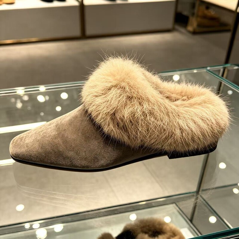 French-style square-toed Mary Jane furry slippers for women, 2026 autumn and winter new mule shoes, plush old money style commuter shoes French-style square-toed Mary Jane furry slippers for women, 2026 autumn and winter new mule shoes, plush old money style commuter shoes
