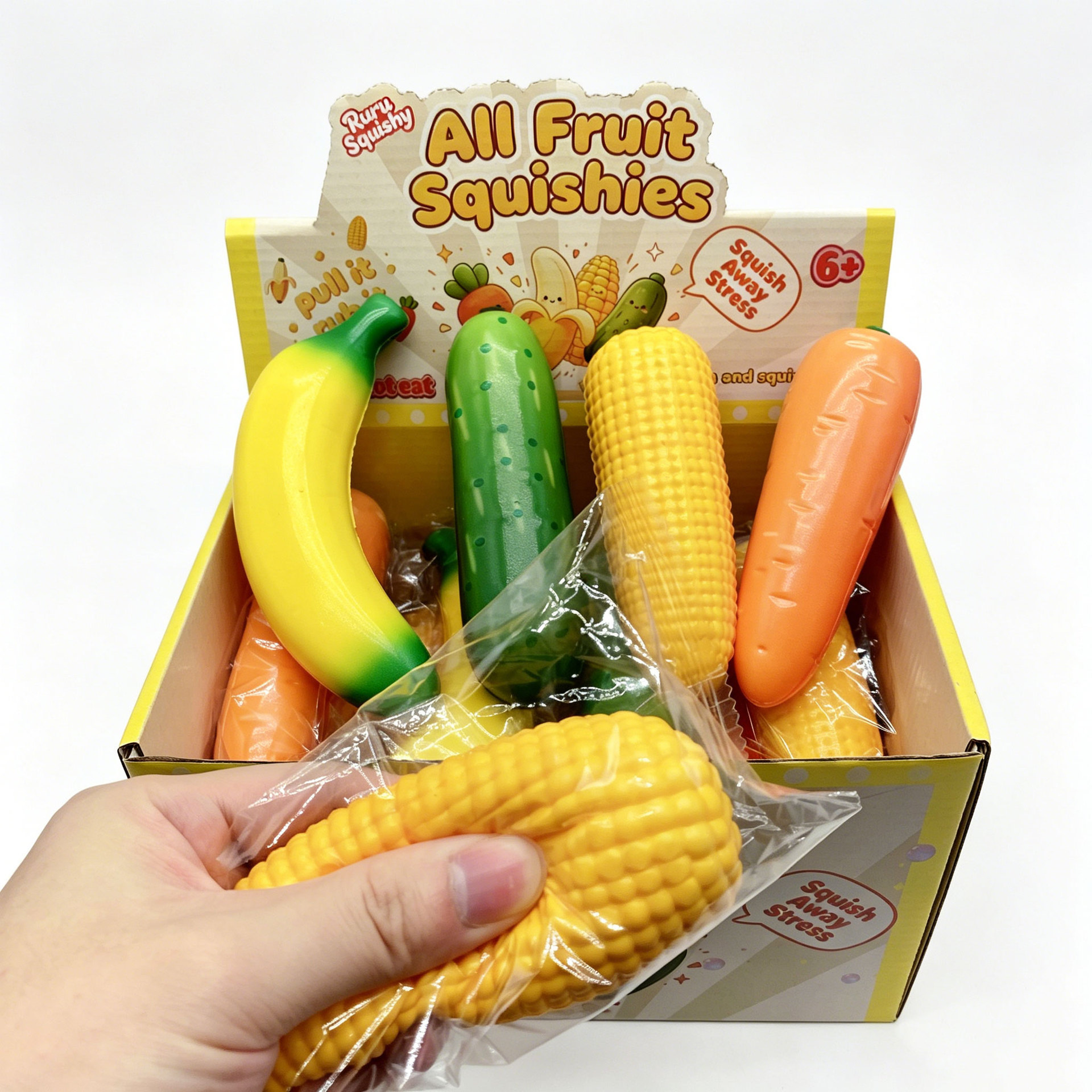 Frutas explosivas transfronterizas creativas zanahorias ventilación reduciendo juguetes verduras maíz pellizco pellizco Le rebote lento descompresión simulación
