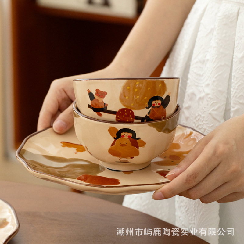 レトロな女の子のセラミック食器ボウルとプレートセット、特に美しい誕生日プレゼント、女性の新築祝いギフトボックスセット|undefined